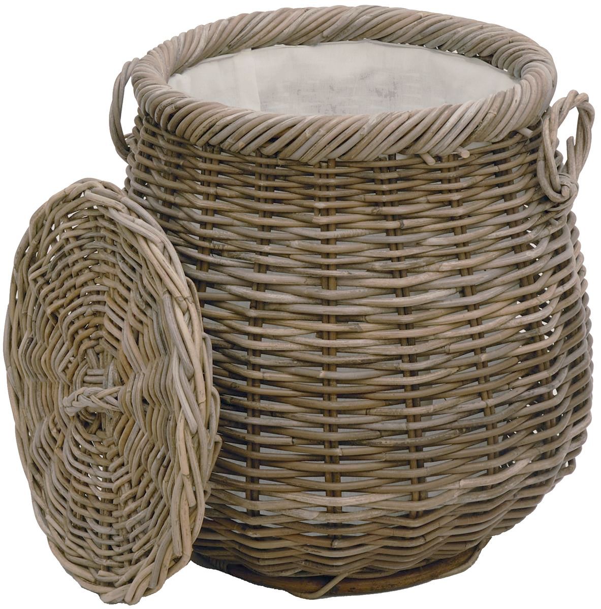 Runder Wäschekorb mit Deckel in Tonnenform Ø50cm aus Rattan mit Stoffinlett | Koobo Grau