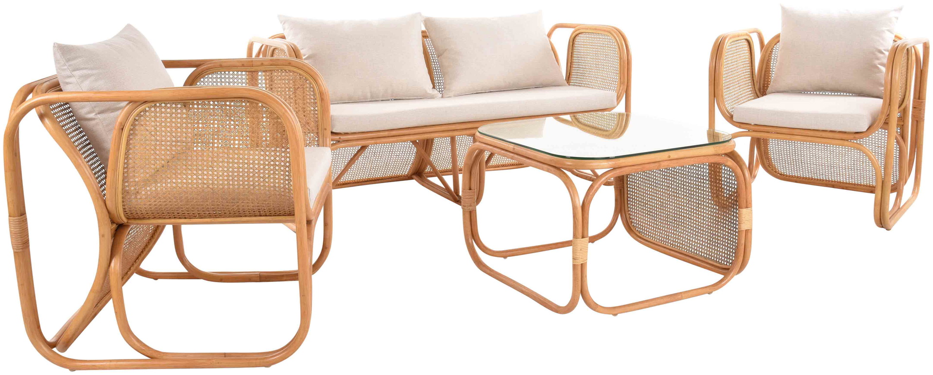 Rattan Wohnzimmerset Lounge Gruppe Natur mit Wiener Geflecht für 4 Personen | Honig