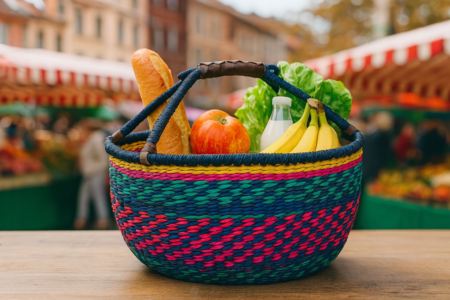 Runder Einkaufskorb aus Seegras mit Henkel und Kunstledergriff - Bolga Korb Design | Bunt