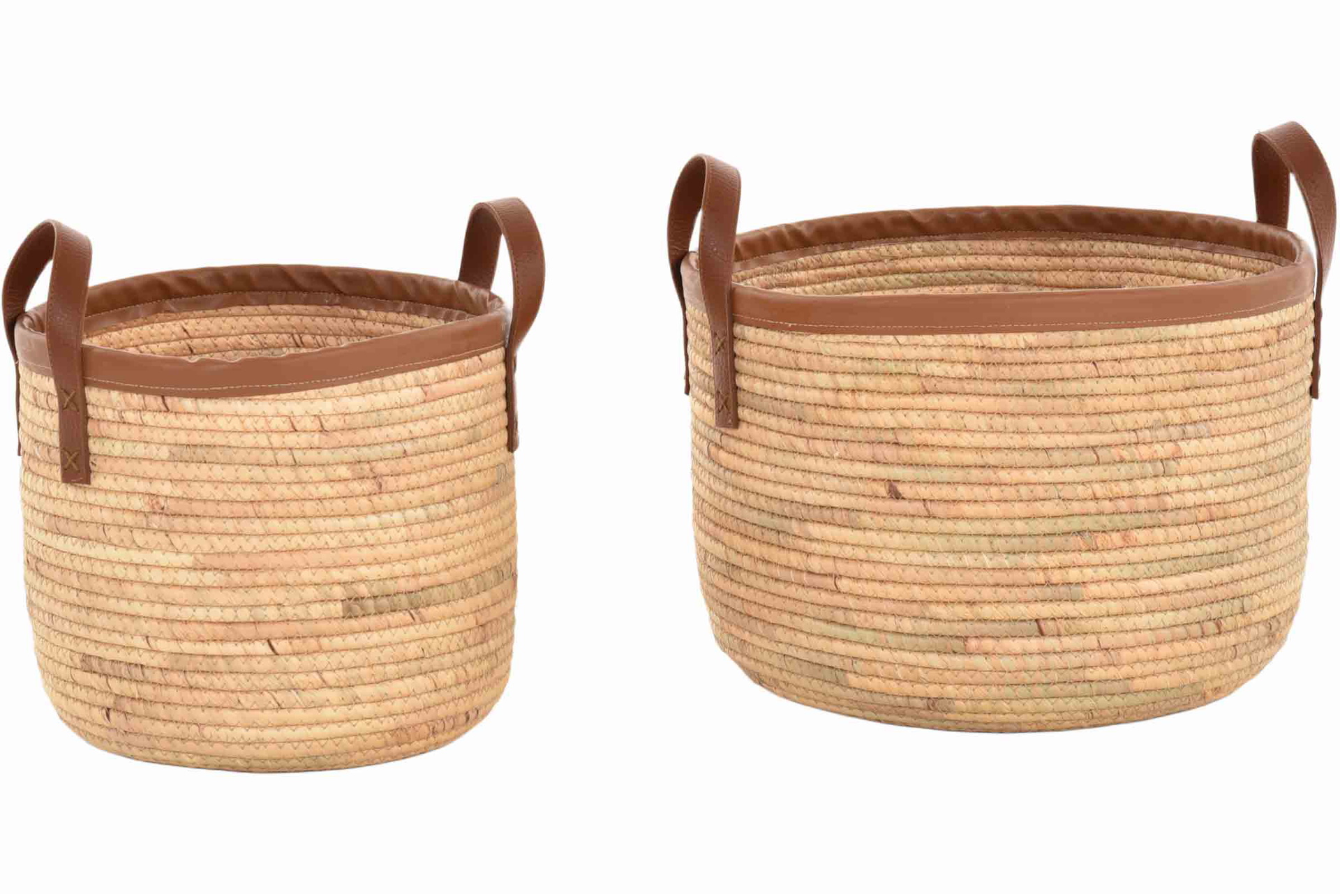 Runder Aufbewahrungskorb mit Leder-Tragegriffen – Seegraskorb im Boho Look | 2er Set