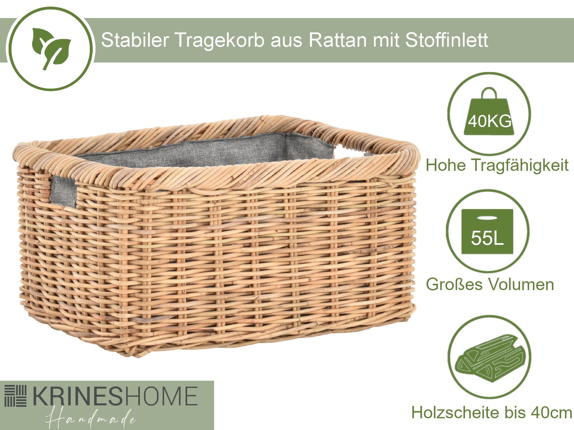 Geflochtener Tragekorb aus Rattan mit Stoff für Kaminholz & Aufbewahrung 60cm | Koobo Hell