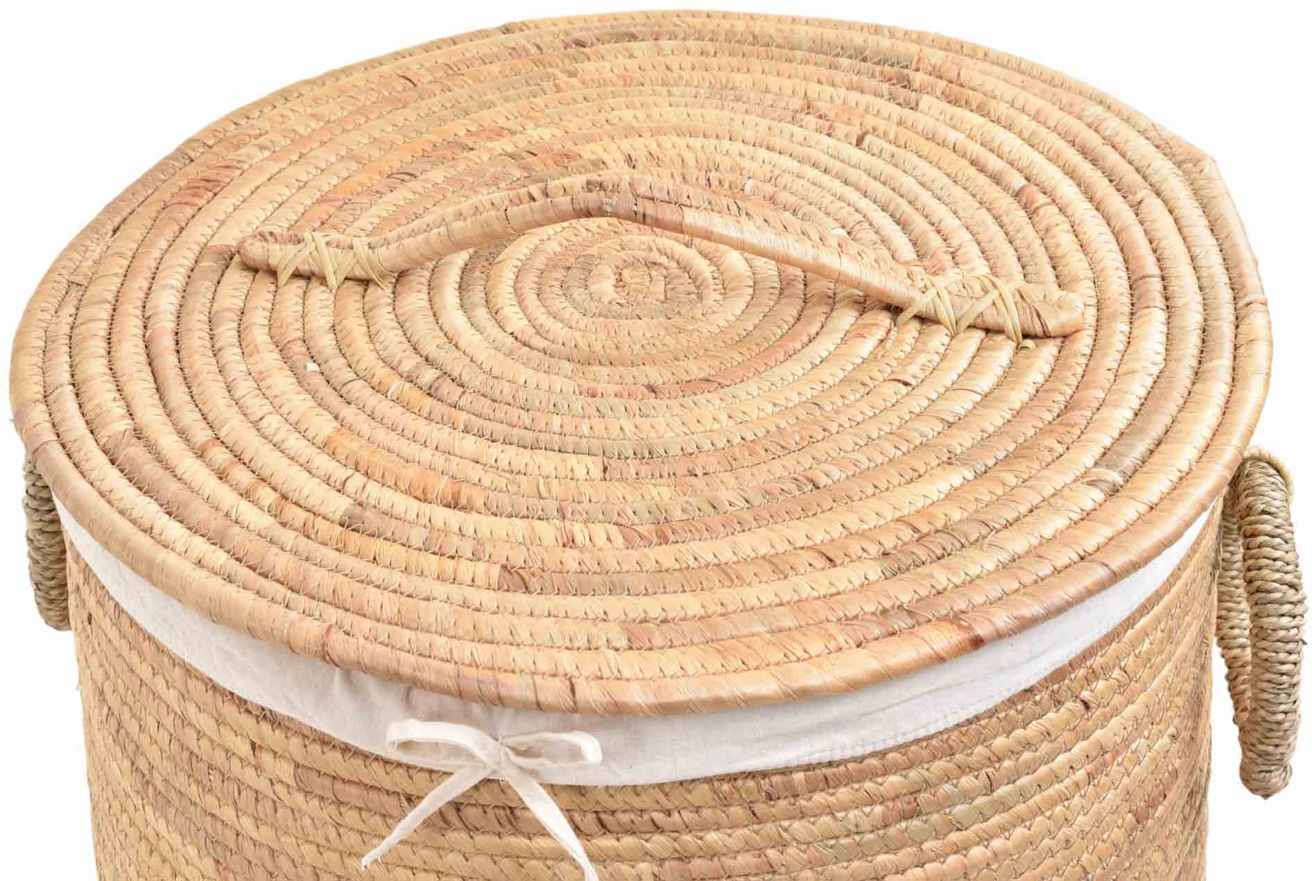 Großer Wäschekorb mit Deckel aus Seegras – Aufbewahrungskorb mit Stoffeinsatz – Naturkorb für Badezimmer & Schlafzimmer | Ø45cm