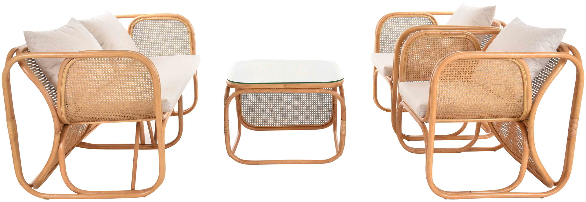 Rattan Wohnzimmerset Lounge Gruppe Natur mit Wiener Geflecht für 4 Personen | Honig