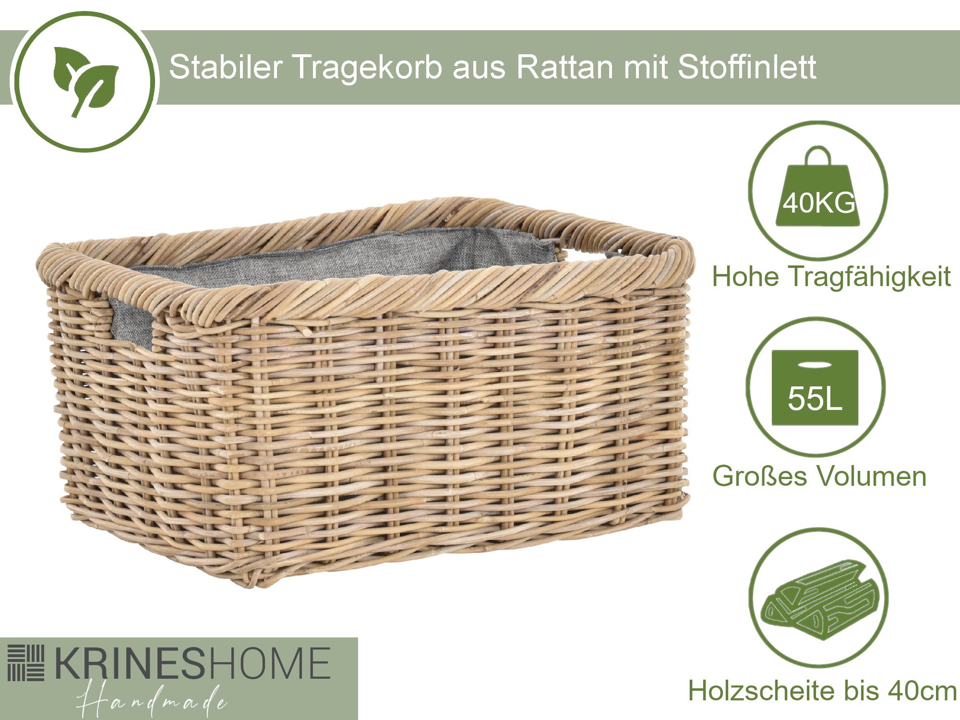 Geflochtener Tragekorb aus Rattan mit Stoff für Kaminholz & Aufbewahrung 60cm | Koobo Grau