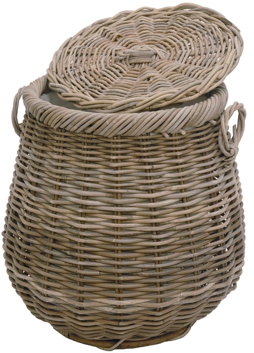 Runder Wäschekorb mit Deckel in Tonnenform Ø50cm aus Rattan mit Stoffinlett | Koobo Grau