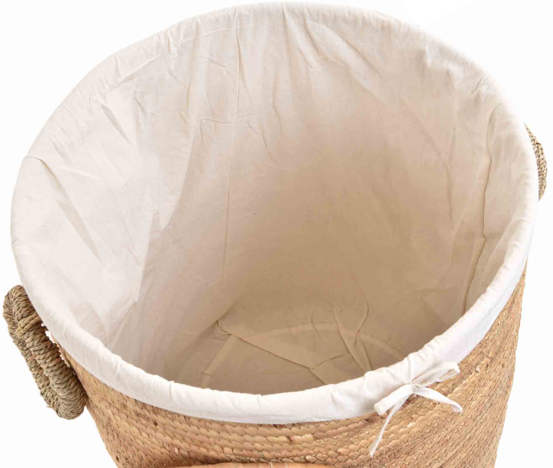 Großer Wäschekorb mit Deckel aus Seegras – Aufbewahrungskorb mit Stoffeinsatz – Naturkorb für Badezimmer & Schlafzimmer | Ø45cm