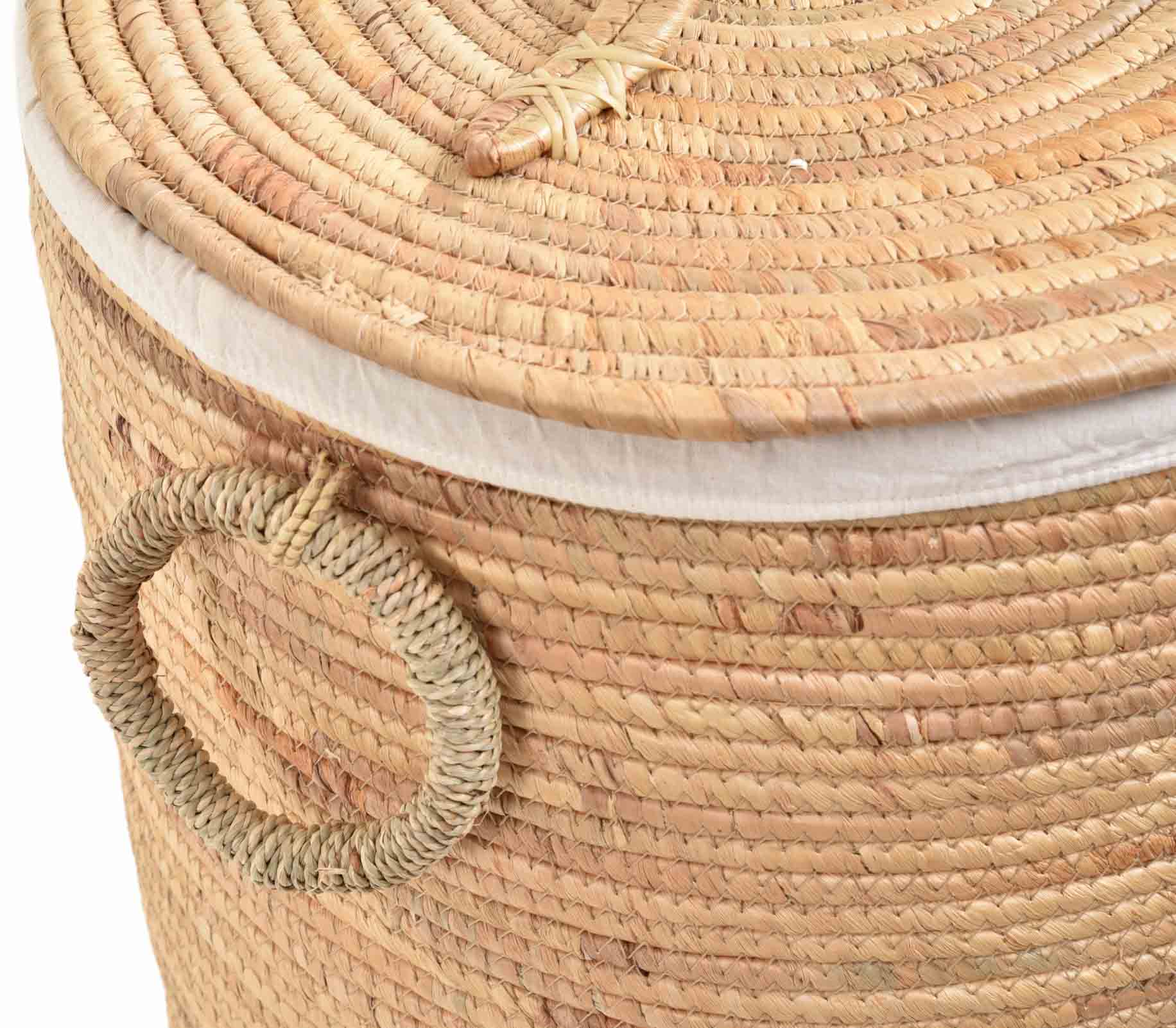 Großer Wäschekorb mit Deckel aus Seegras – Aufbewahrungskorb mit Stoffeinsatz – Naturkorb für Badezimmer & Schlafzimmer | Ø45cm