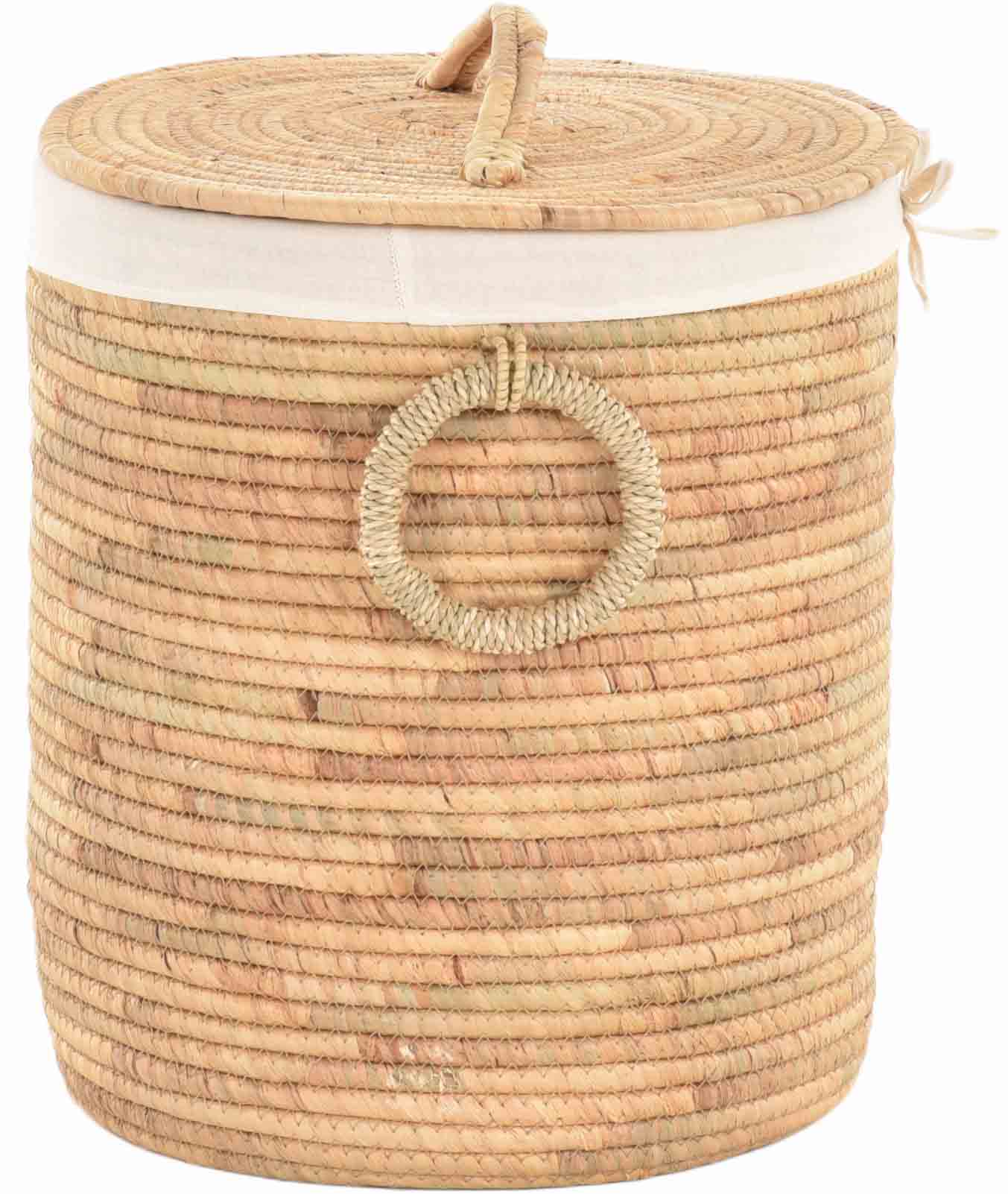Runder Wäschekorb mit Deckel aus Seegras – Aufbewahrungskorb mit Stoffeinsatz – Naturkorb für Badezimmer & Schlafzimmer | Ø38cm