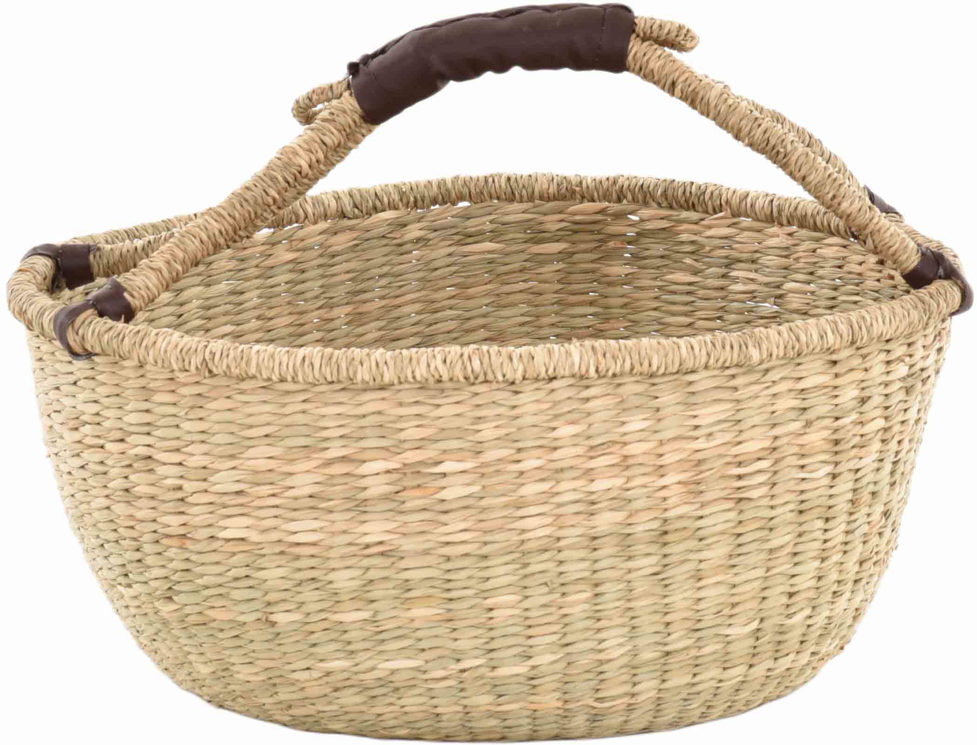 Runder Einkaufskorb aus Seegras mit Henkel und Kunstledergriff - Bolga Korb Design | Natur