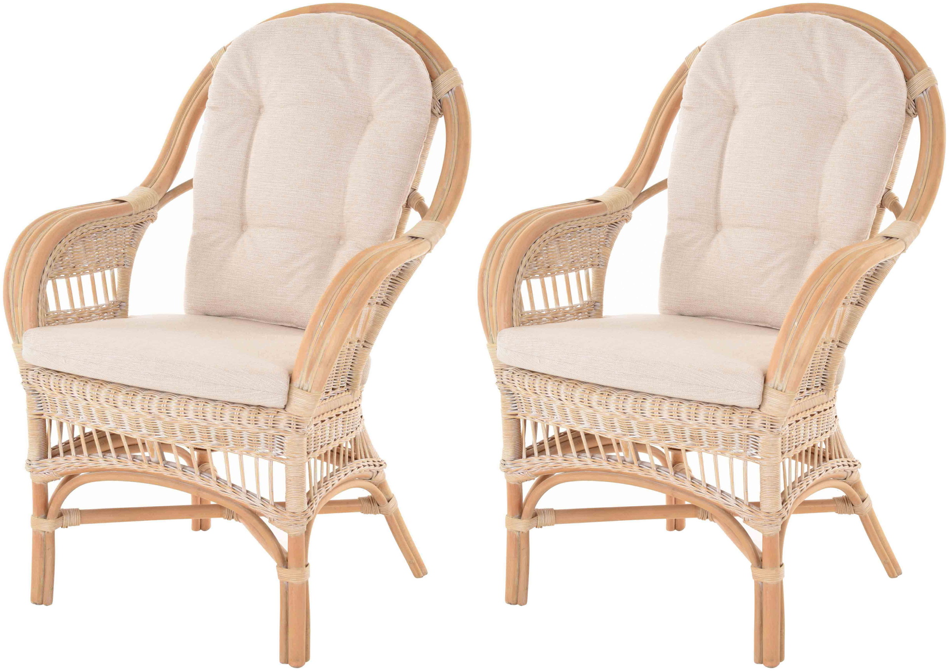 Moderner Korbsessel Finca aus Rattan mit hoher Lehne 2er Set | Vintage Weiß