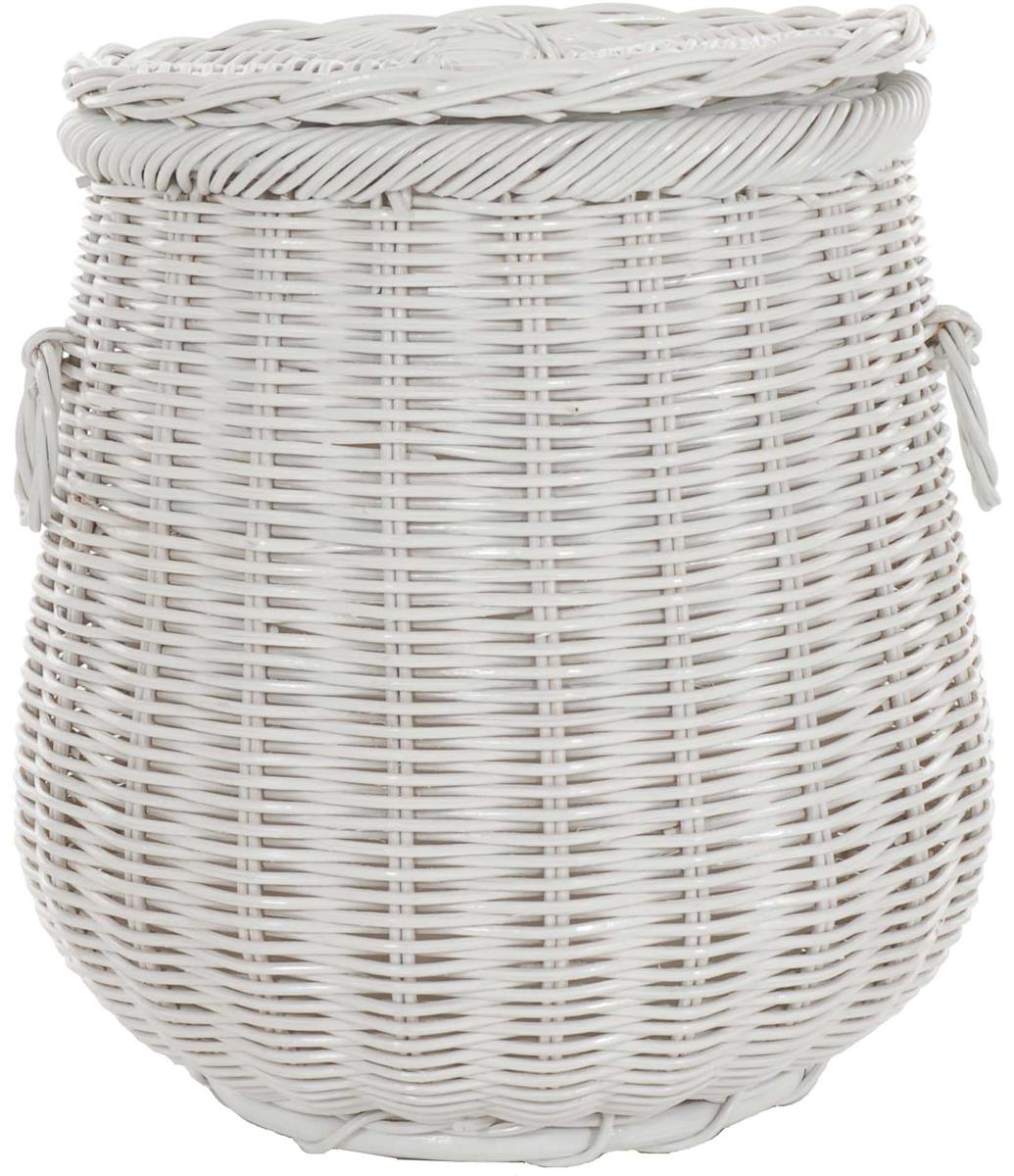 Runder Wäschekorb mit Deckel in Tonnenform Ø50cm aus Rattan mit Stoffinlett | Weiss
