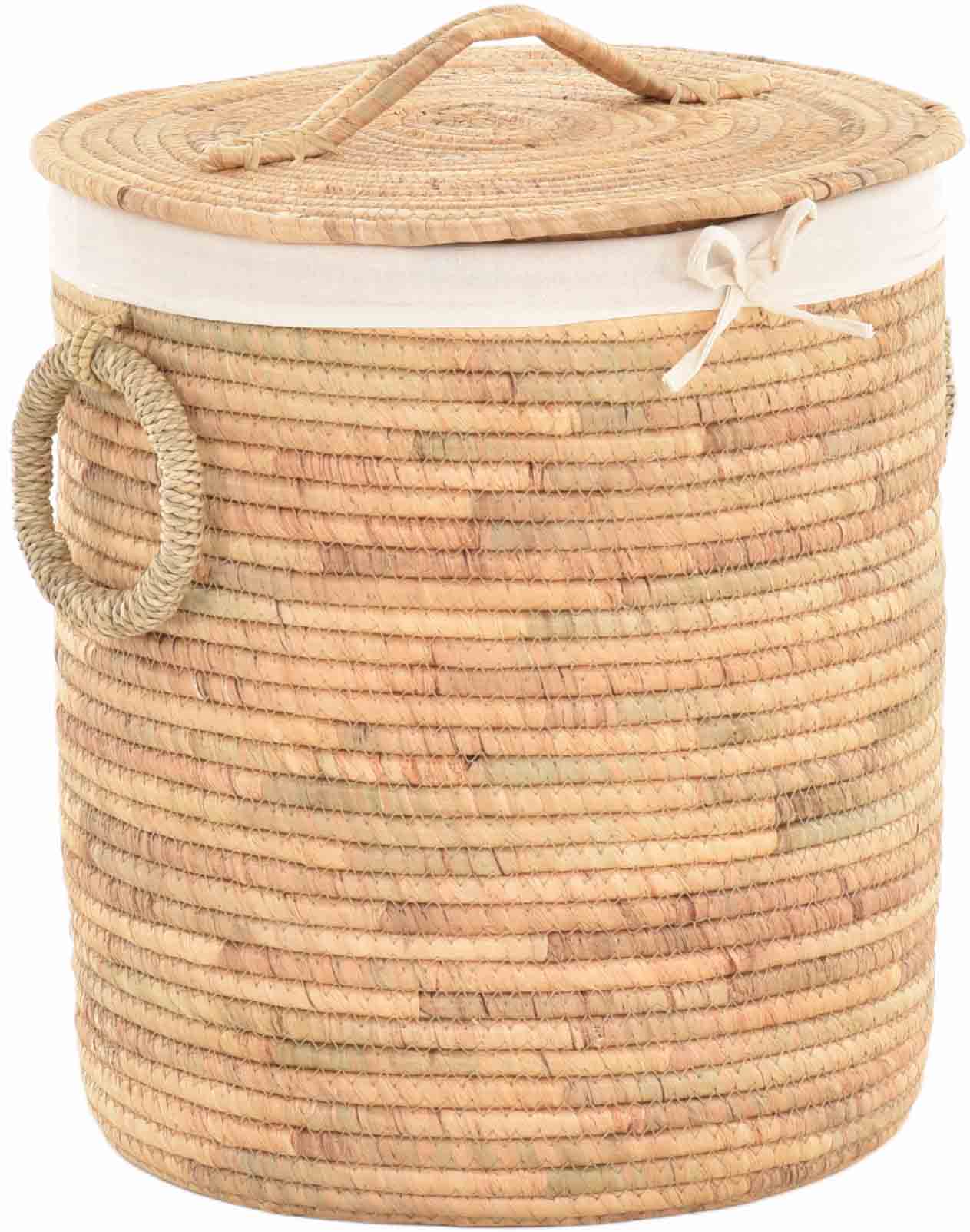 Runder Wäschekorb mit Deckel aus Seegras – Aufbewahrungskorb mit Stoffeinsatz – Naturkorb für Badezimmer & Schlafzimmer | Ø38cm
