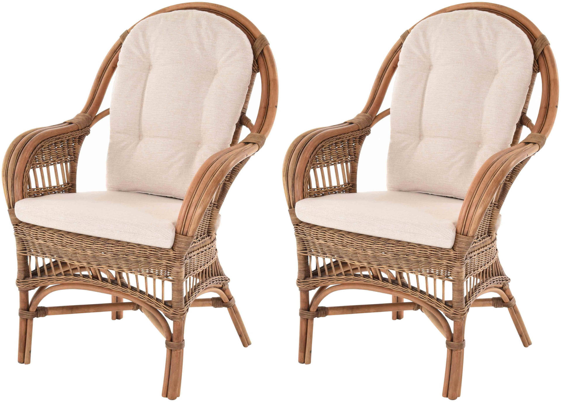 Moderner Korbsessel Finca aus Rattan mit hoher Lehne 2er Set | Vintage Braun