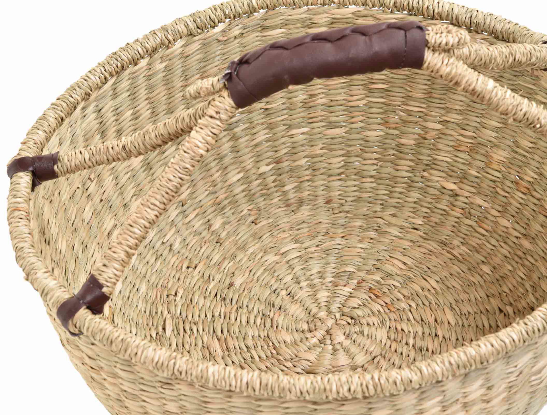 Runder Einkaufskorb aus Seegras mit Henkel und Kunstledergriff - Bolga Korb Design | Natur