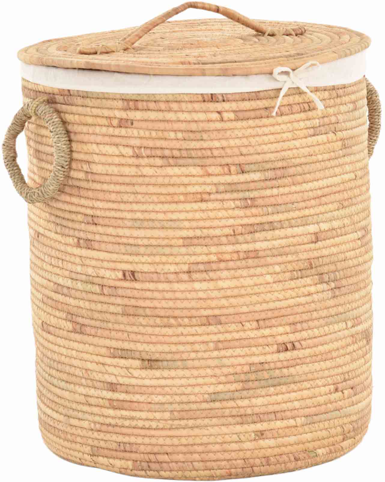 Großer Wäschekorb mit Deckel aus Seegras – Aufbewahrungskorb mit Stoffeinsatz – Naturkorb für Badezimmer & Schlafzimmer | Ø45cm