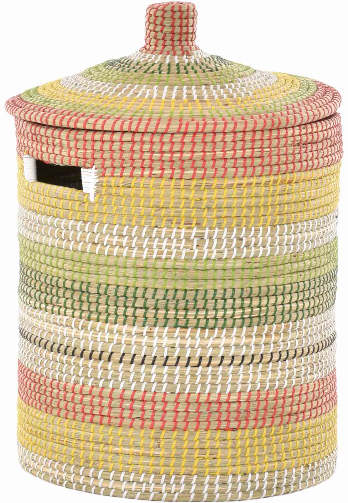 Wäschekorb Senegal aus Seegras im afrikanischen Stil - geflochtener Korb mit Deckel Ø40cm | Bunt