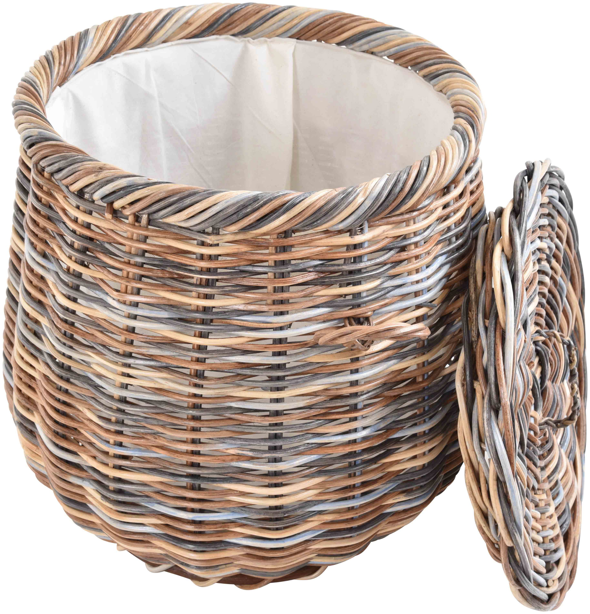 Runder Wäschekorb mit Deckel in Tonnenform Ø50cm aus Rattan mit Stoffinlett | Multicolor