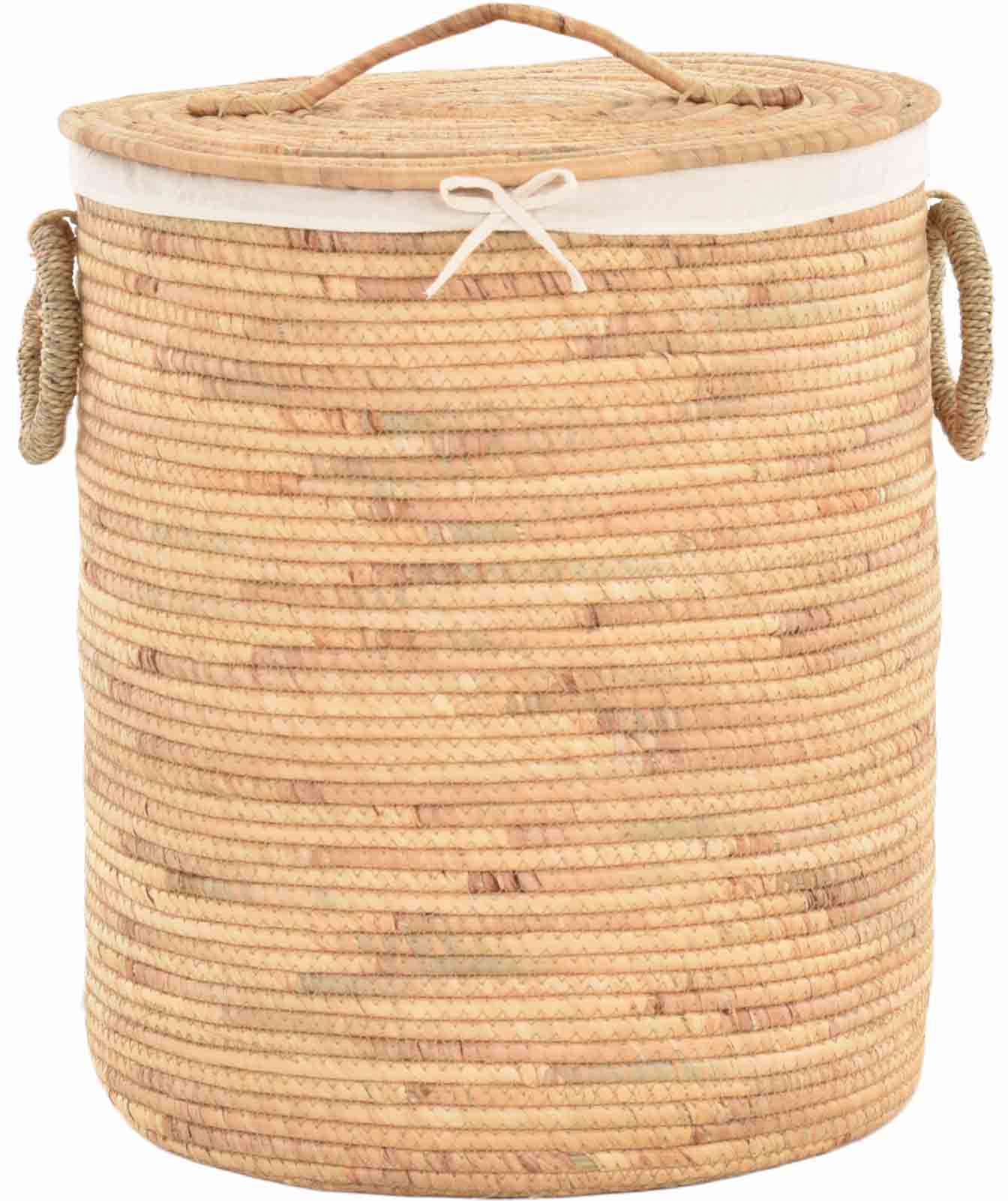 Großer Wäschekorb mit Deckel aus Seegras – Aufbewahrungskorb mit Stoffeinsatz – Naturkorb für Badezimmer & Schlafzimmer | Ø45cm
