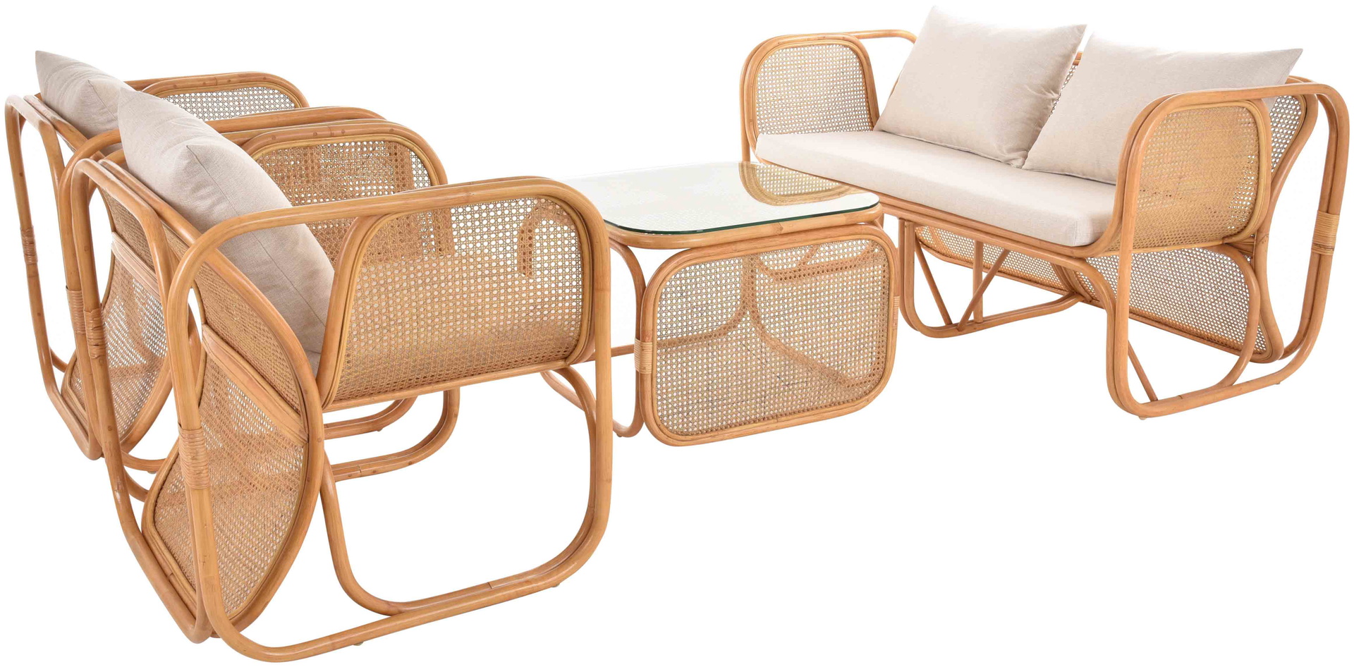 Rattan Wohnzimmerset Lounge Gruppe Natur mit Wiener Geflecht für 4 Personen | Honig