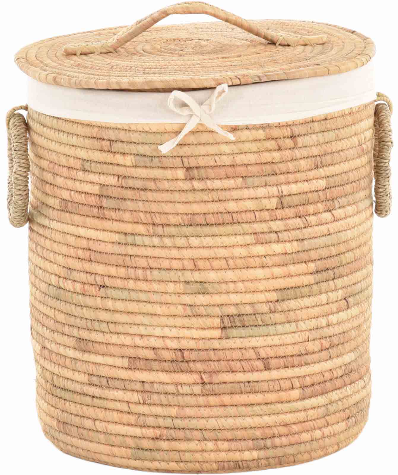 Runder Wäschekorb mit Deckel aus Seegras – Aufbewahrungskorb mit Stoffeinsatz – Naturkorb für Badezimmer & Schlafzimmer | Ø38cm