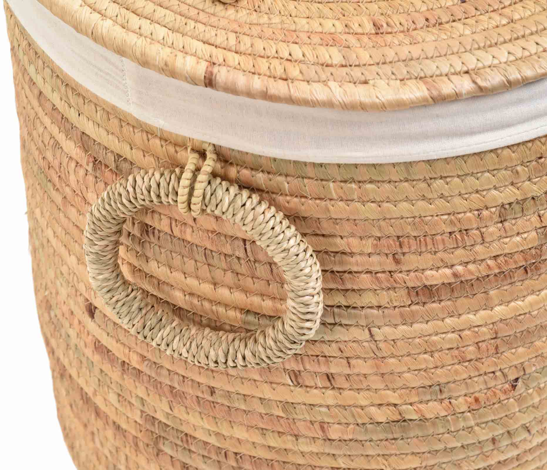 Runder Wäschekorb mit Deckel aus Seegras – Aufbewahrungskorb mit Stoffeinsatz – Naturkorb für Badezimmer & Schlafzimmer | Ø38cm