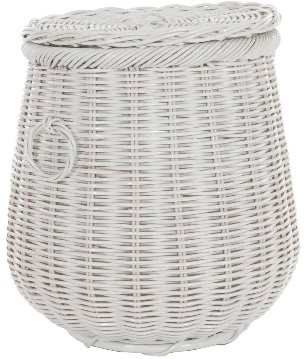 Runder Wäschekorb mit Deckel in Tonnenform Ø50cm aus Rattan mit Stoffinlett | Weiss