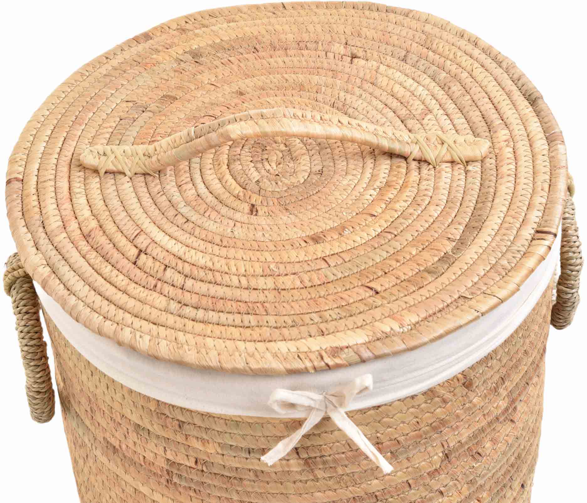 Runder Wäschekorb mit Deckel aus Seegras – Aufbewahrungskorb mit Stoffeinsatz – Naturkorb für Badezimmer & Schlafzimmer | Ø38cm