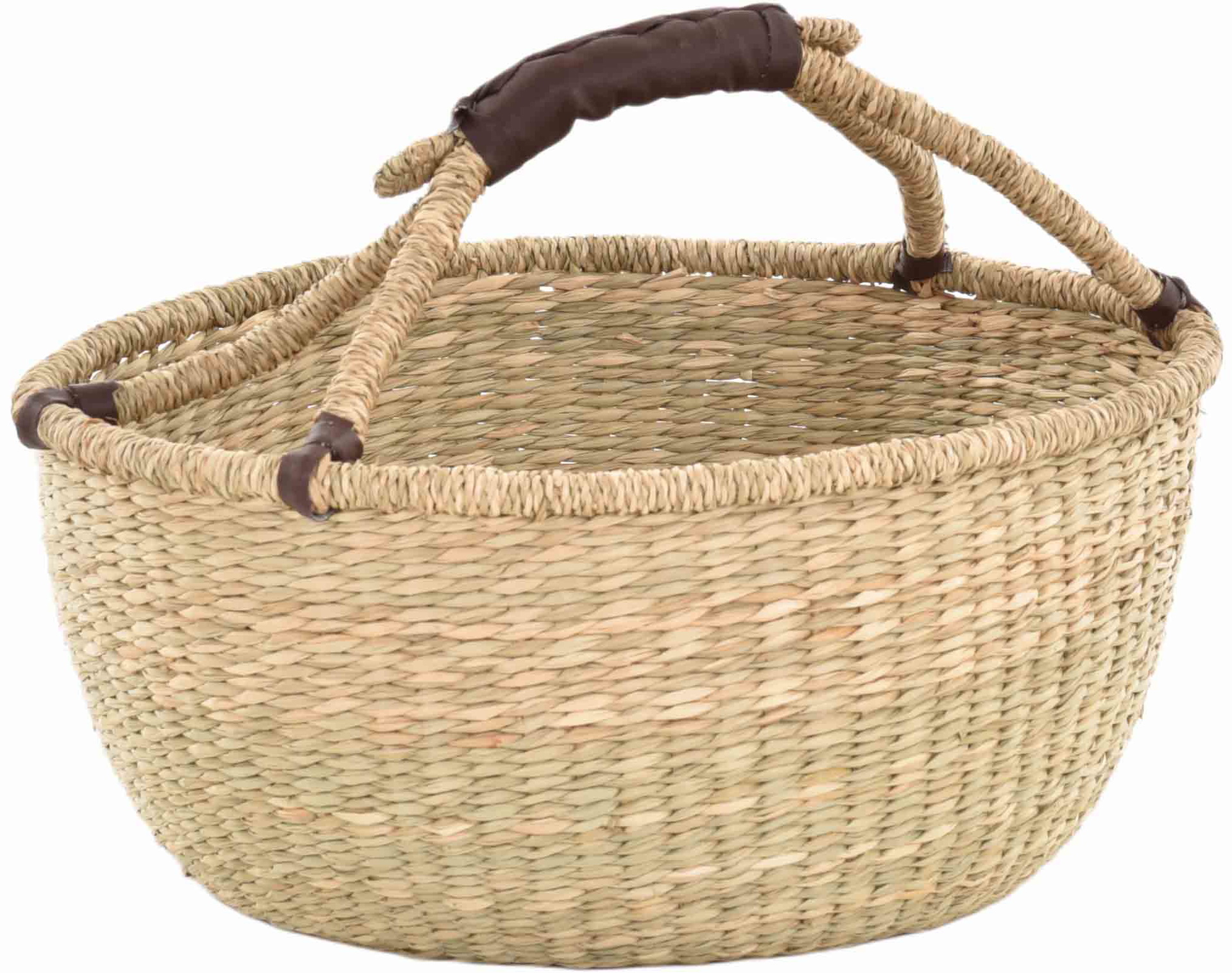 Runder Einkaufskorb aus Seegras mit Henkel und Kunstledergriff - Bolga Korb Design | Natur
