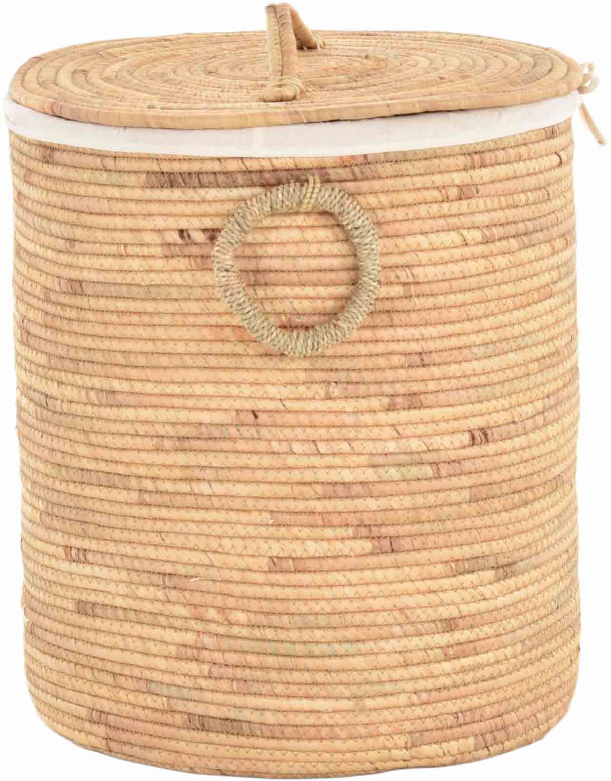 Großer Wäschekorb mit Deckel aus Seegras – Aufbewahrungskorb mit Stoffeinsatz – Naturkorb für Badezimmer & Schlafzimmer | Ø45cm