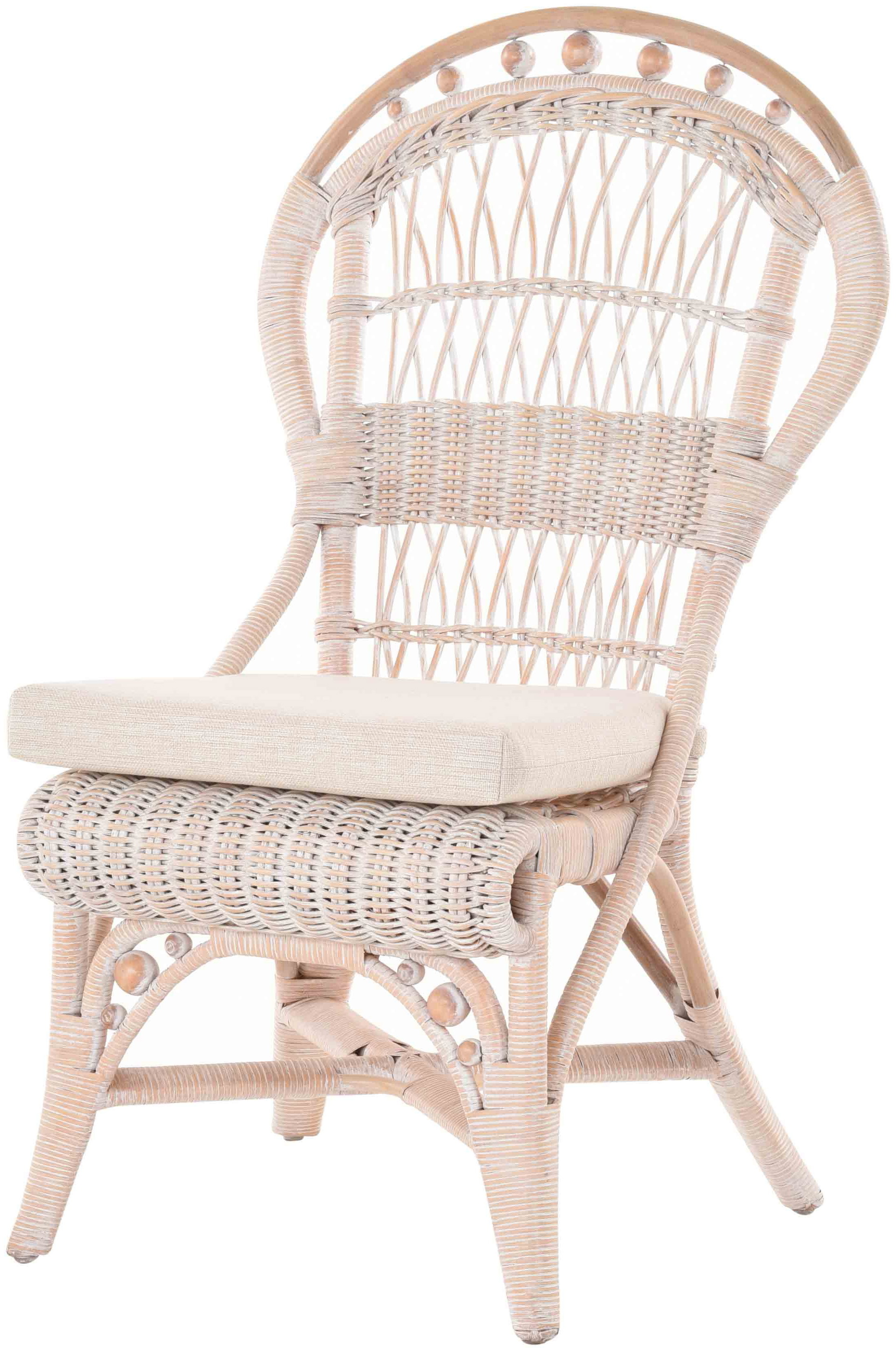 Kunstvoller Korb Esszimmerstuhl aus Rattan im Landhausstil mit Sitzkissen | Vintage Weiß