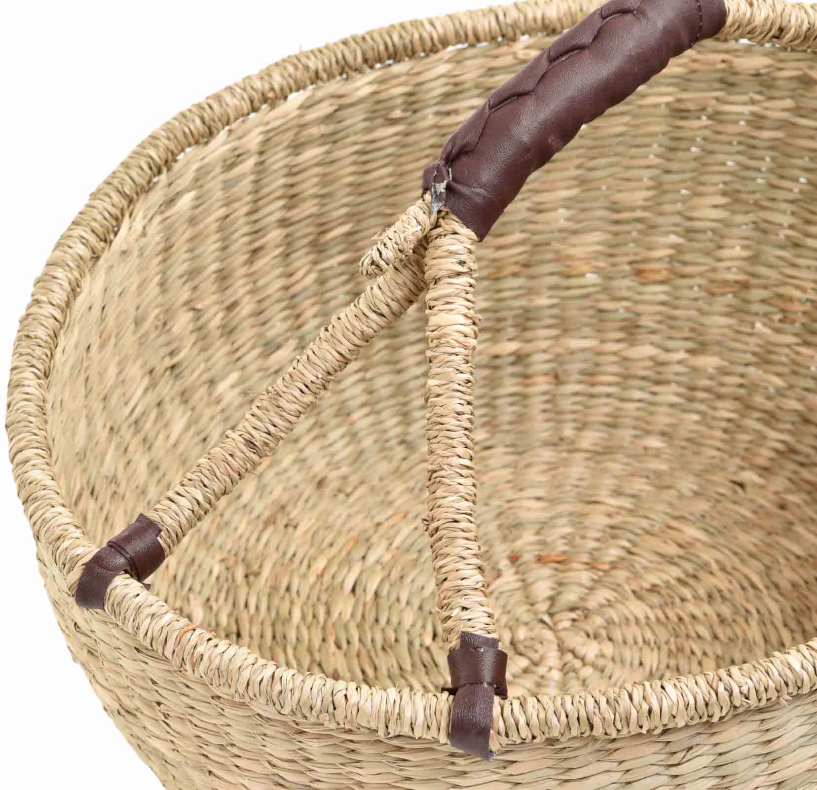 Runder Einkaufskorb aus Seegras mit Henkel und Kunstledergriff - Bolga Korb Design | Natur
