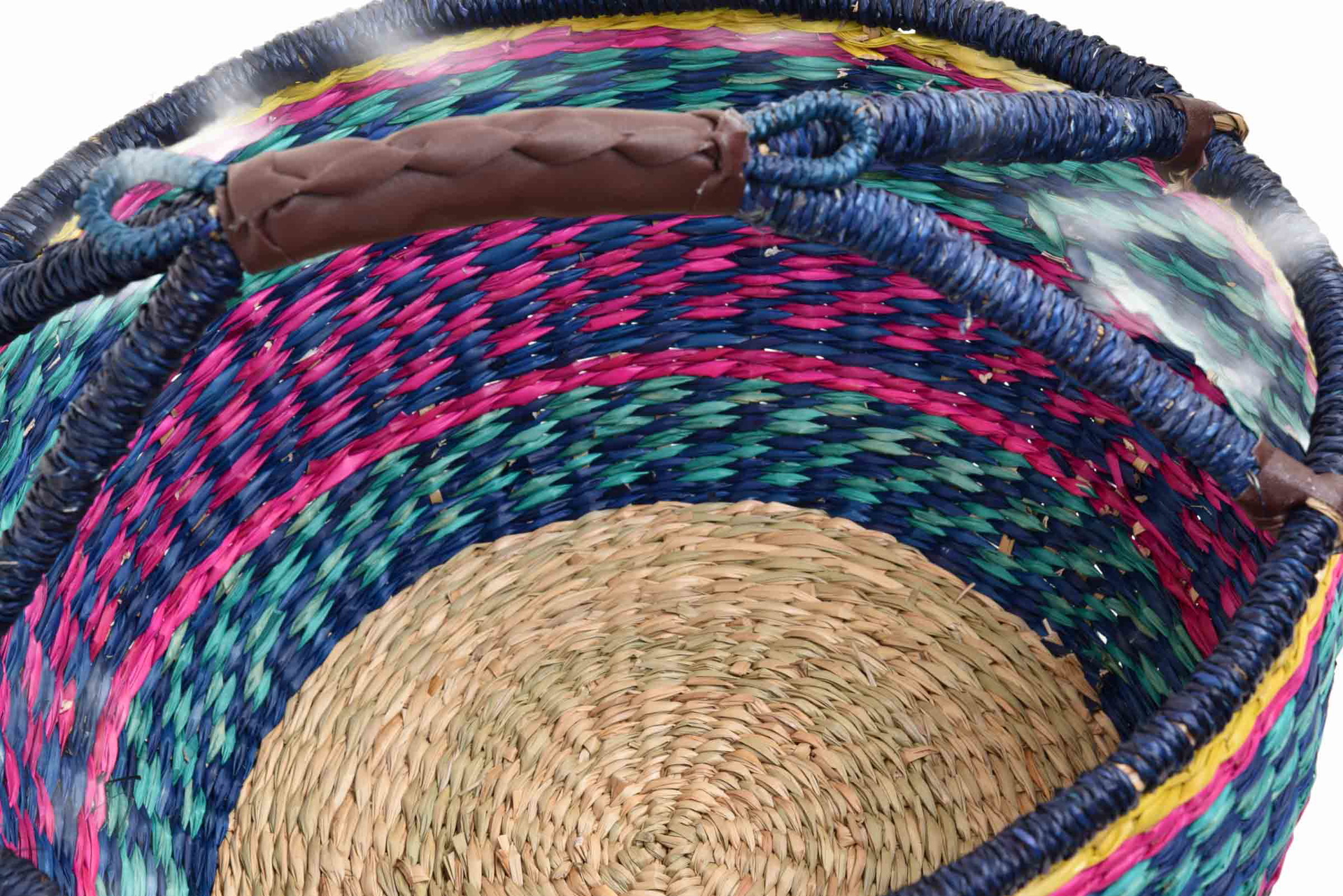 Runder Einkaufskorb aus Seegras mit Henkel und Kunstledergriff - Bolga Korb Design | Bunt